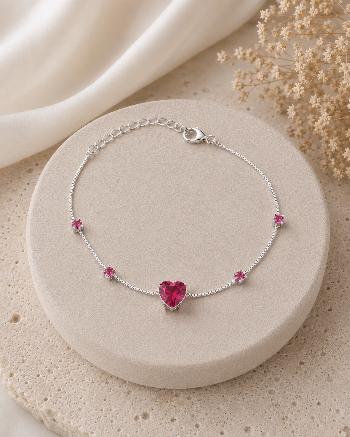 PULSEIRA CORAÇÃO FUCSIA — SEMIJOIAS — PRATA 50