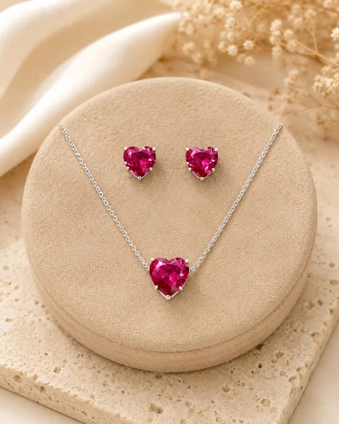 CONJUNTO COLAR E BRINCO ROSA FUCSIA — SEMIJOIAS — PRATA 50